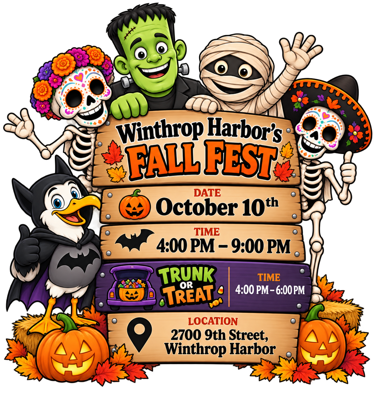 Halloween characters holding a sign: October 10th, 4:00 PM – 9:00 PM, 2700 9th Street Winthrop Harbor