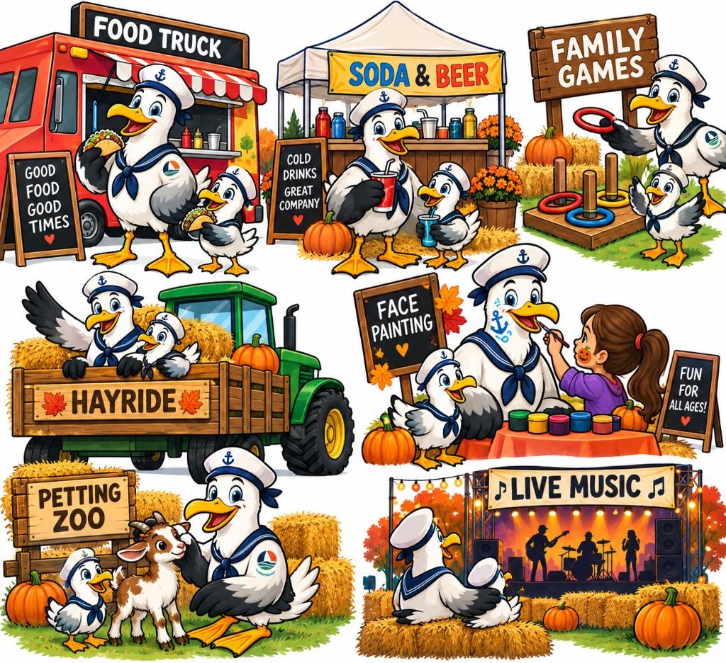 Sailor duck characters at Fall Fest activities: food truck, soda and beer stand, family games, hayride, face painting, petting zoo, and live music